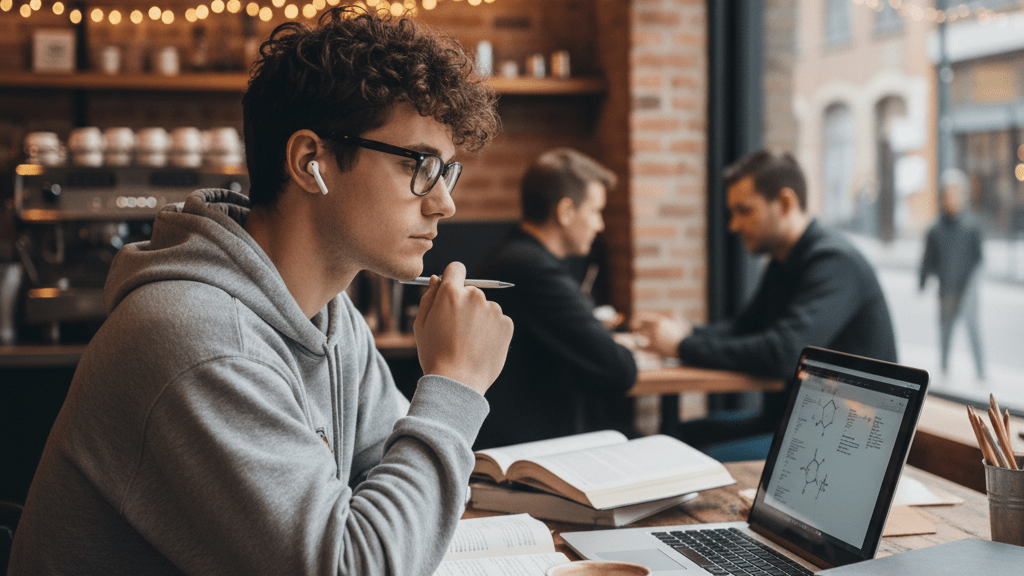 Young man with earbuds and glasses studies on a laptop in a busy cafe.
