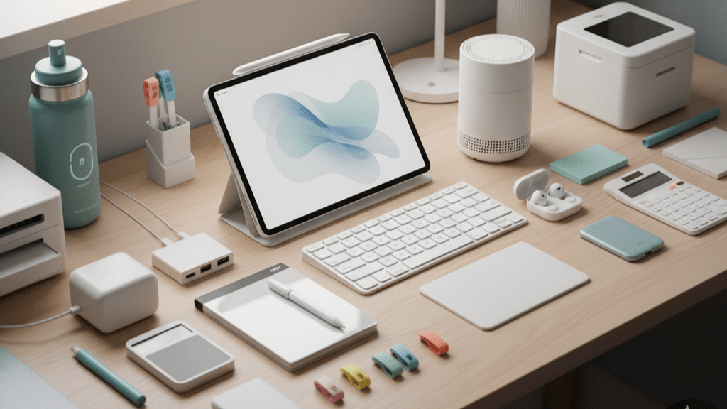 A dynamic array of affordable study gadgets, including a sleek desk lamp, a portable charger, wireless earbuds, a digital notebook, and a compact keyboard, are neatly arranged on a modern desk.